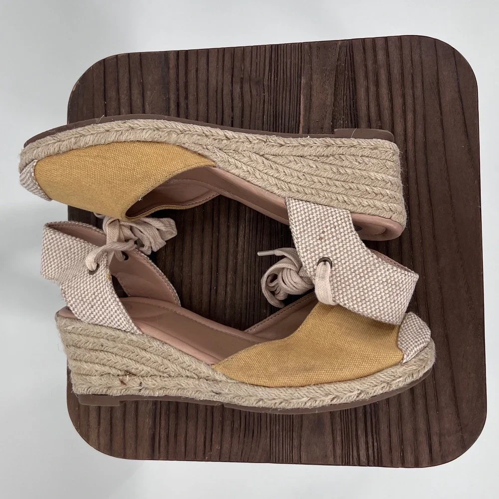 Journee Collection Mustard Yellow Canvas Espadrille Wedge Ankle Tie Sandals 9